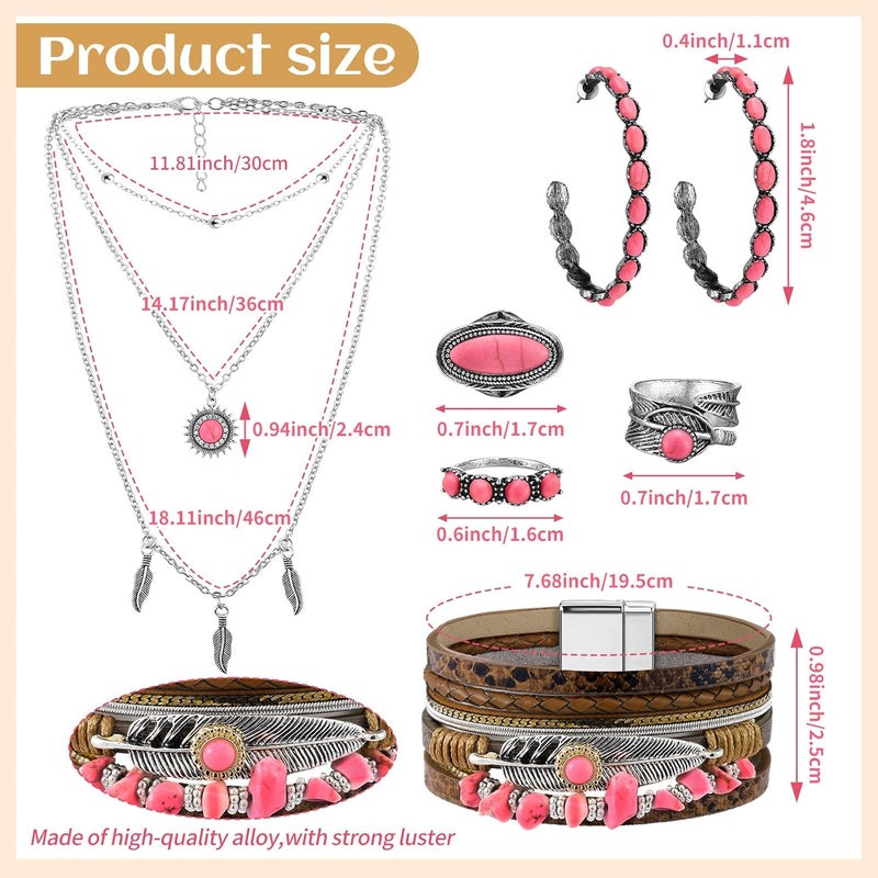 Ecally Store Bohemian Western Jewelry Turquoise Set Women Country Pendant Long Choker Layered Bracelets Earrings Ring for Women - Image 4